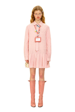 [Moromoro2] Crinkle Tie-Neck Pleated Shirt  Dress
