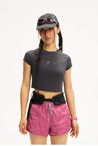 [Monterest] Cutout Embroidery Slim Fit Crop Tee