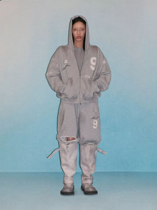 [MASONPRINCE] Boxy Fit Distressed Patch Zip-Up Hoodie