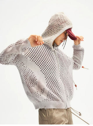 [Monterest] Spiral Mesh Washed Hooded Knit Cardigan