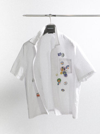 [MASONPRINCE] Striped Cotton Sticker Print Shirt