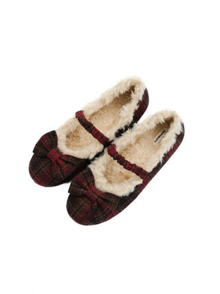 [Moromoro2] Plaid Bow Fur-Lined Ballet  Flats