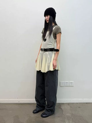 [NeverSeez] Mesh Layered Pleated Vest Dress