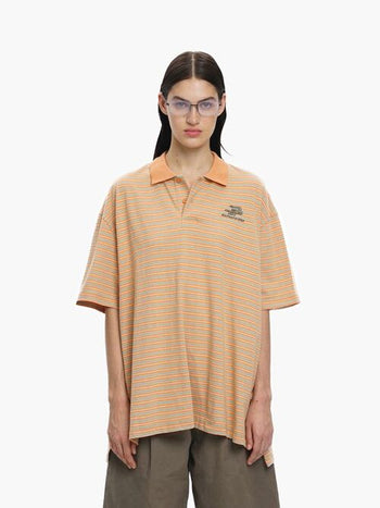 [MASONPRINCE] Distressed Striped Embroidered Polo Shirt