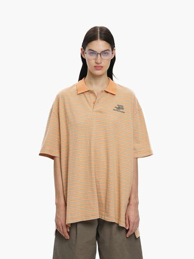 [MASONPRINCE] Distressed Striped Embroidered Polo Shirt