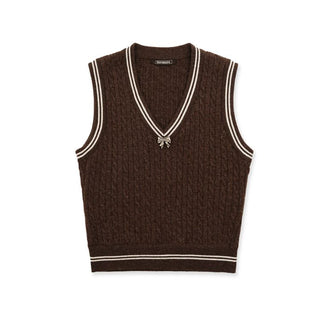[Moromoro2] Cable Knit Bow Detail V-Neck  Vest
