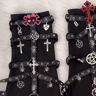 Metal chain cross skull applique knee sleeve