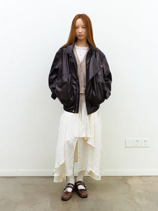 [NeverSeez] Stand Collar Asymmetrical PU Leather Jacket