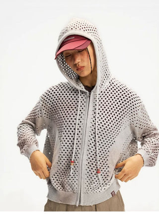 [Monterest] Spiral Mesh Washed Hooded Knit Cardigan