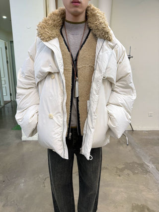 [NEVERSEEZ] Spliced Detachable Fur Collar Down Jacket