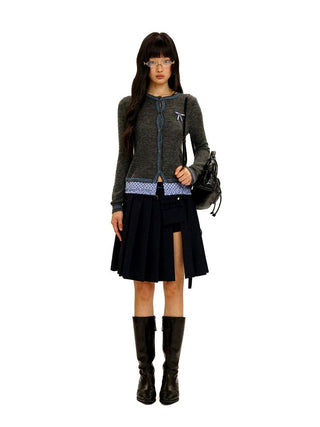 [Moromoro2] Layered Hem Plaid Bow Slim Fit  Cardigan
