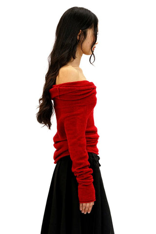[Moromoro2] Bow Pleated Off-shoulder Knit  Sweater