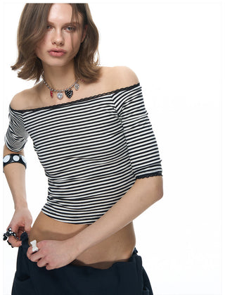 [NECY] Mono Stripe Lace Trimming Half T