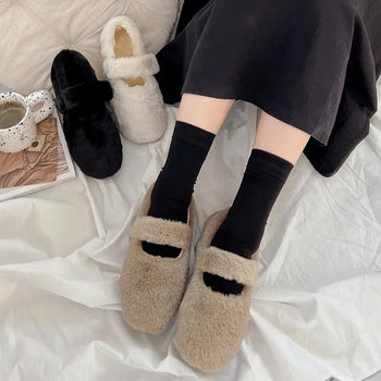 0623 Button Eco Fur Mary Jane Flat Shoes (3 colors)