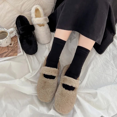 0623 Button Eco Fur Mary Jane Flat Shoes (3 colors)