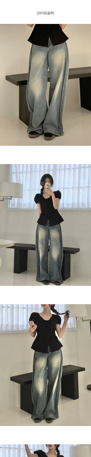 Washed wide-leg pants with side pleats