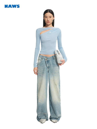 [NOTAWEAR] Washed Leather Pocket Low Rise Wide  Jeans