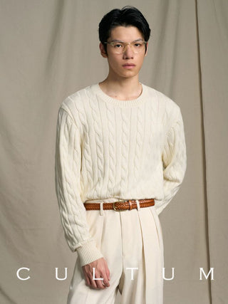 [CULTUM] Ivy Style Cable Knit Crewneck Sweater