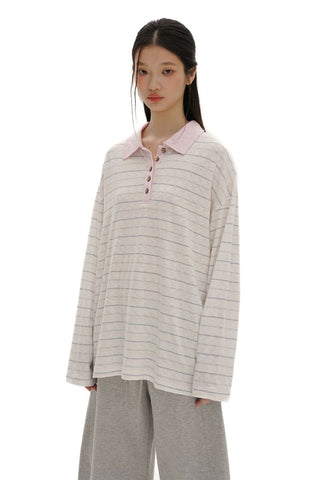 [Moromoro2] Striped Polo Long Sleeve Tee with Star  Buttons