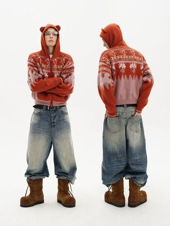 [MASONPRINCE] Funny Bear Fleece Lined Hooded Knit