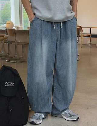 Natural Fit Linen-Like Elastic Waist Denim Pants (2 colors)
