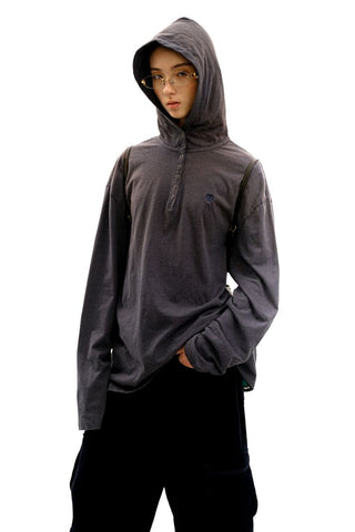 [Moromoro2] Striped Henry Collar Hooded Long Sleeve  Tee