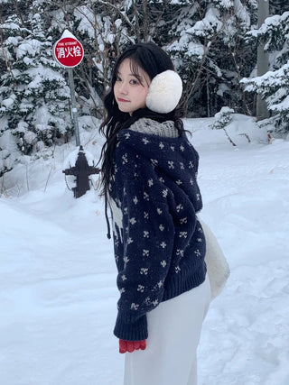 Nordic pattern knit hoodie