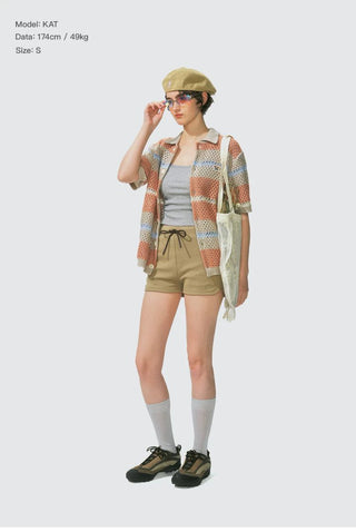 [Monterest] Open Knit Striped Short Sleeve Cardigan