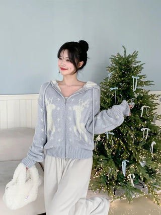 Nordic pattern knit hoodie
