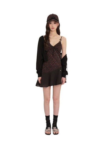 [Moromoro2] Floral Mesh Cami Dress with Bow  Detail