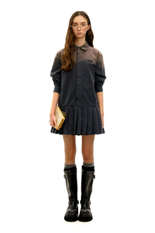 [Moromoro2] Cotton Gradient Tie Collar Pleated  Dress