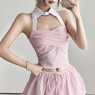 Hollow out button halter striped smocked cut out top