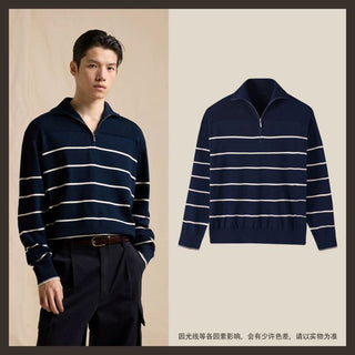 [CULTUM] Half-Zip Striped Cotton Knit Sweater