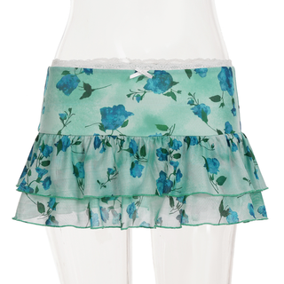 Flower print lace hem bowknot ruffle mini skirt