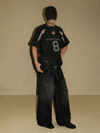 [MASONPRINCE] Curved Cut Washed Denim Wide Pants