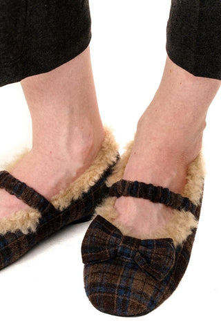 [Moromoro2] Plaid Bow Fur-Lined Ballet  Flats