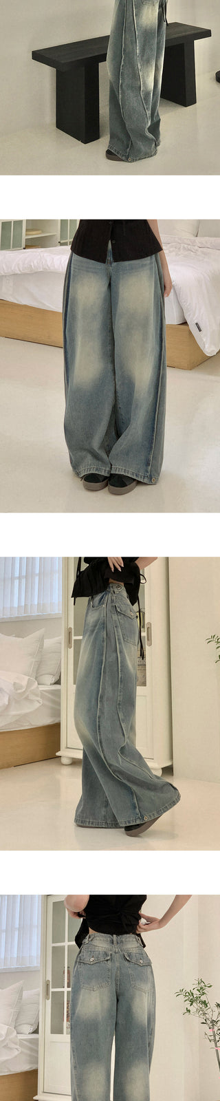 Washed wide-leg pants with side pleats