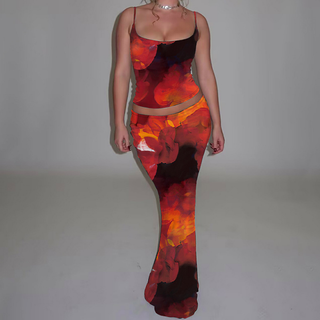 U neck flower print backless cami maxi skirt set