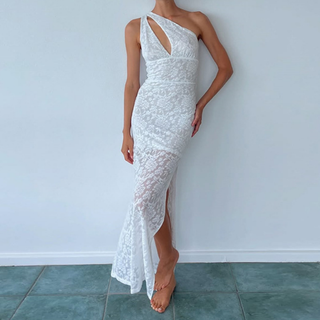 Irregular one shoulder hollow out slit cut out maxi dress