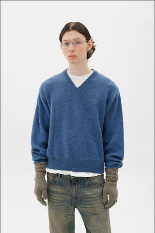 [MASONPRINCE] Double-Sided Jacquard V-Neck Wool Blend Sweater