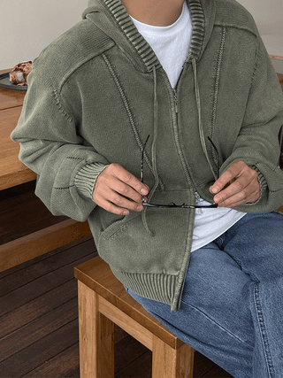 Quilt-dyed hooded knit zip-up