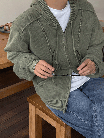 Quilt-dyed hooded knit zip-up