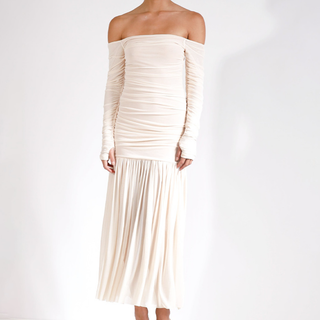 Off shoulder ruched long sleeve mesh zip-up maxi dress