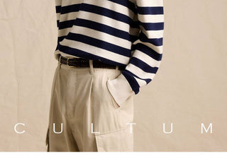 [CULTUM] Cotton Striped Open Collar Knit Sweater