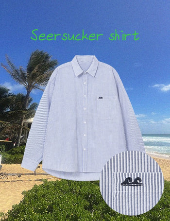 Wave Embroidered Seersucker Shirt (2 colors, half & long)