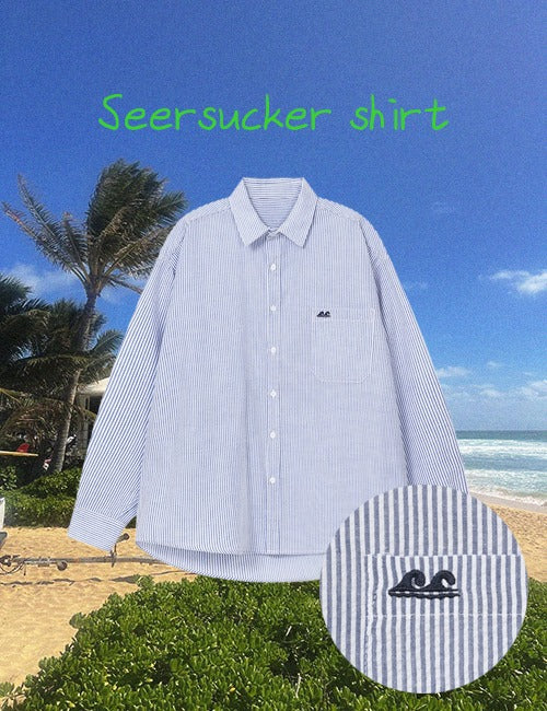 Wave Embroidered Seersucker Shirt (2 colors, half & long)