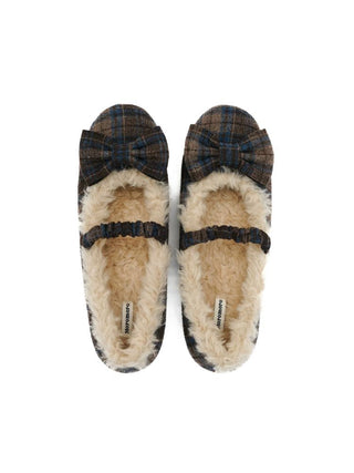 [Moromoro2] Plaid Bow Fur-Lined Ballet  Flats