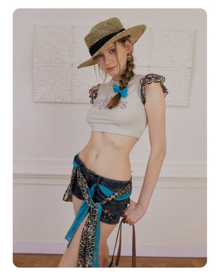 [NECY] Floral Leopard Flutter Crop Top