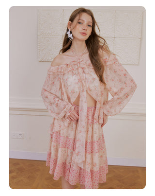 [NECY] Romance Floral Puff Chiffon Blouse