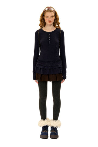 [Moromoro2] Soft Ribbed Lace Trim Long Sleeve  Top